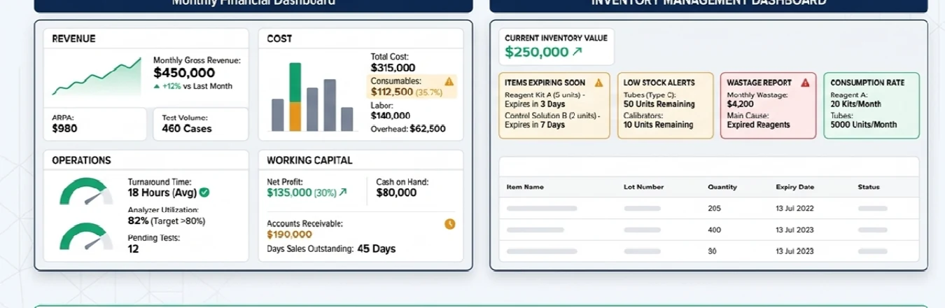 A financial dashboard should connect revenue, cost, operations, working capital and inventory consumption.