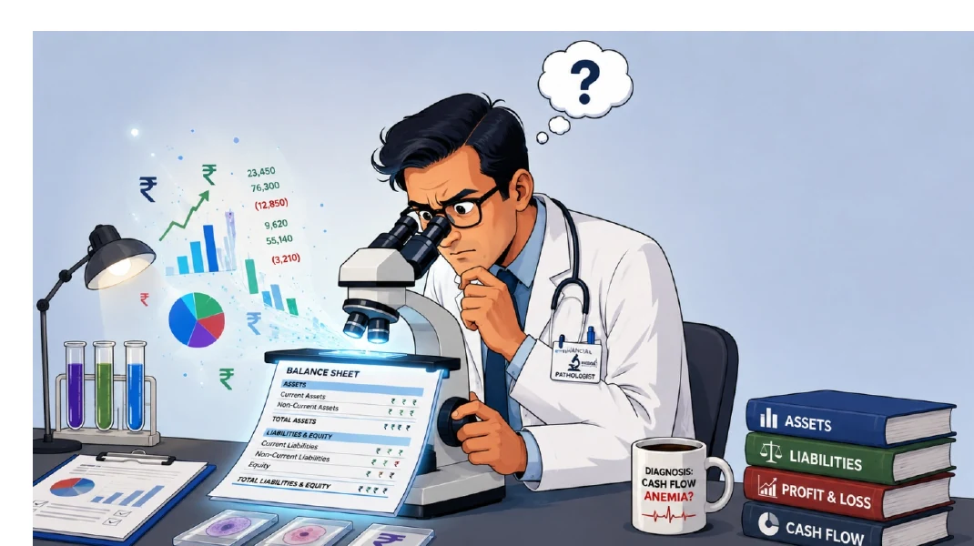 Illustration of a pathologist examining laboratory finances through a microscope