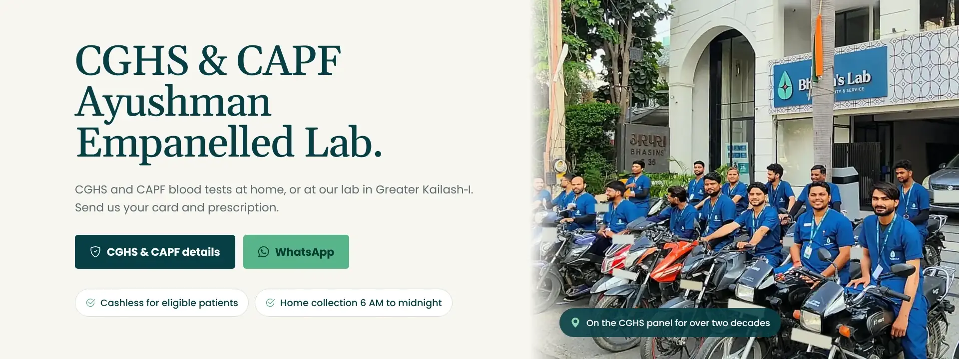 CGHS and CAPF Ayushman empanelled lab in Delhi. Blood tests at home or at our lab in Greater Kailash‑I.