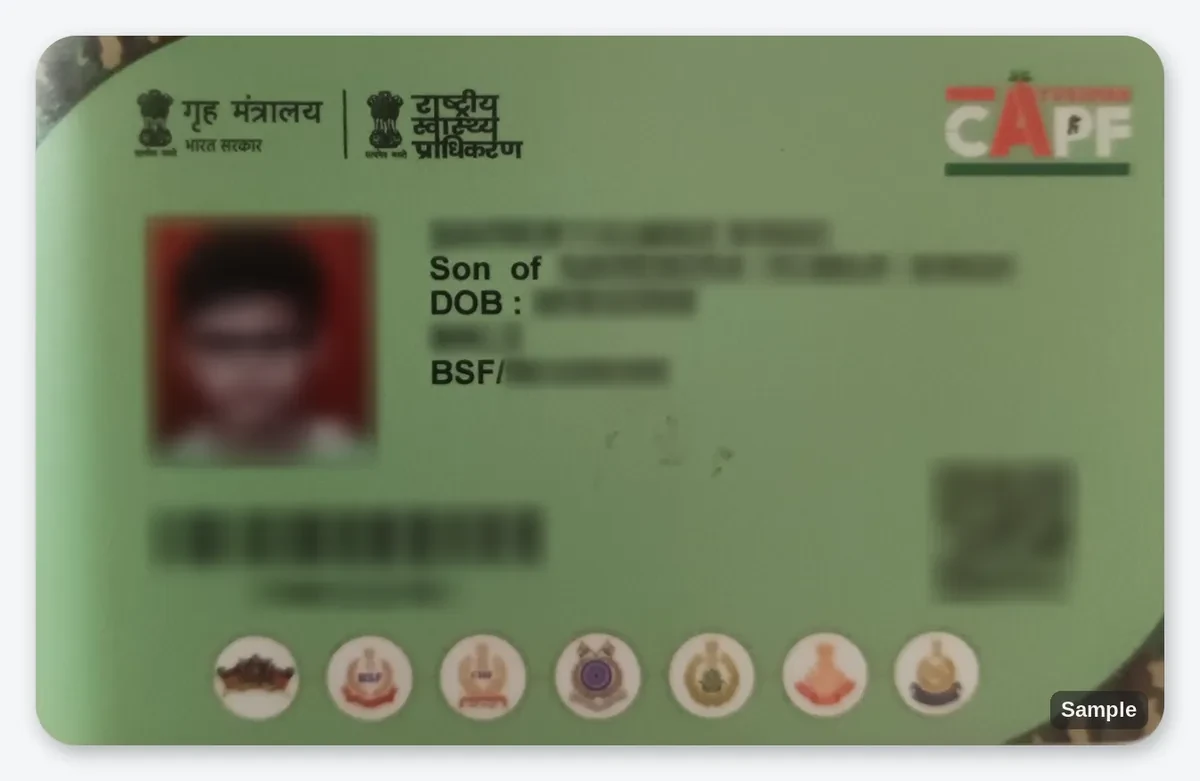 A real CAPF card with the patient's details blurred, showing where the name, beneficiary ID and force appear
