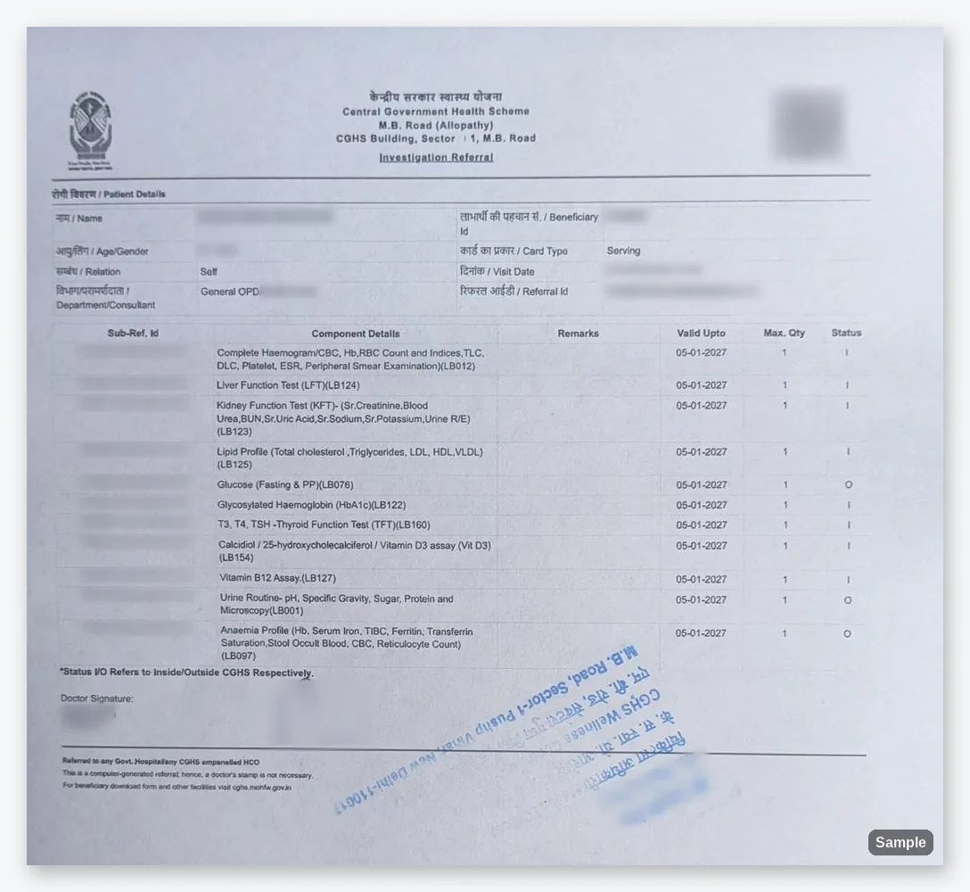 A real CGHS investigation referral with the patient's and doctor's details blurred, showing the date, tests advised and signature area