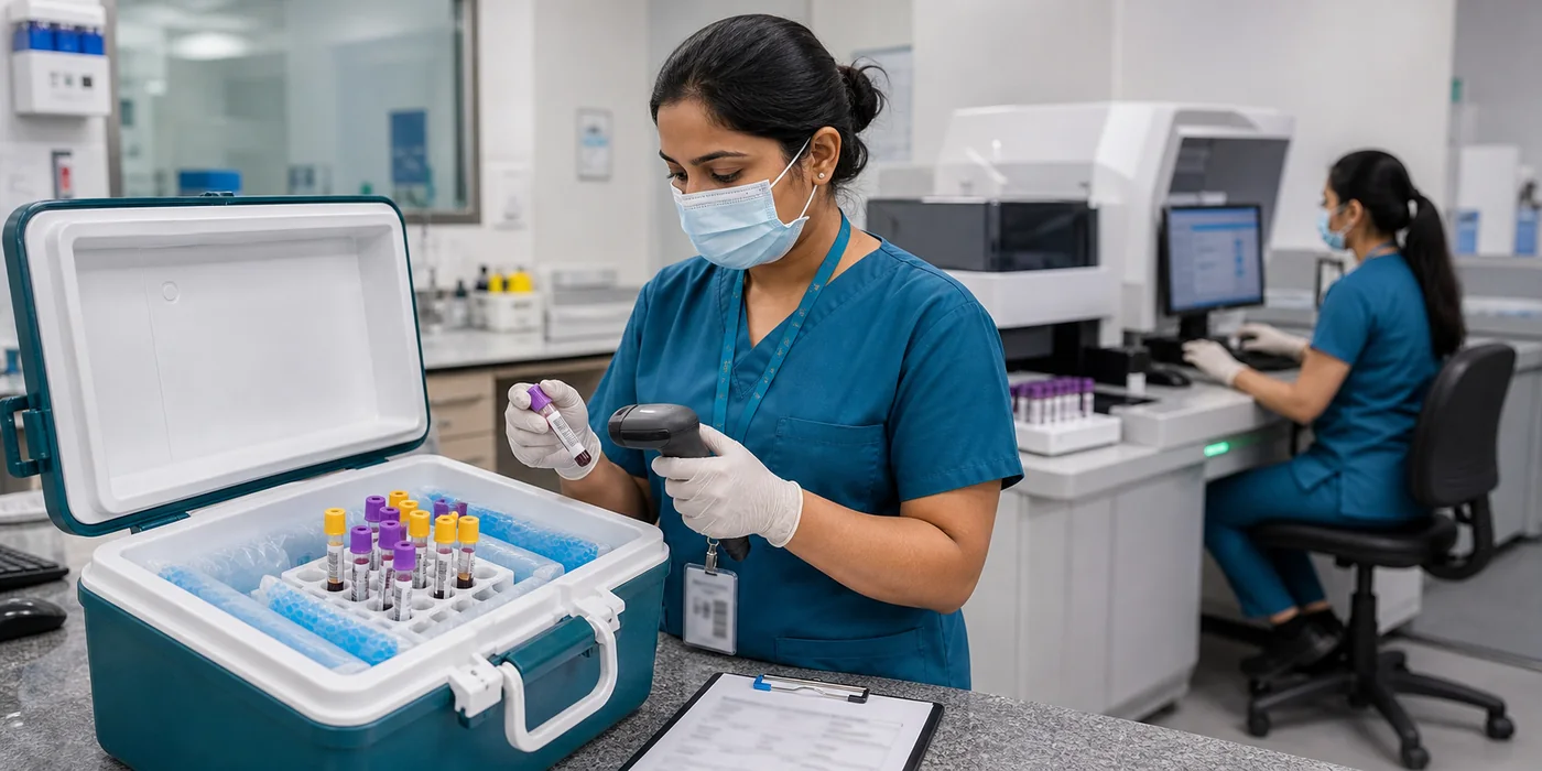 Laboratory technician checking transported samples before the appropriate testing workflow