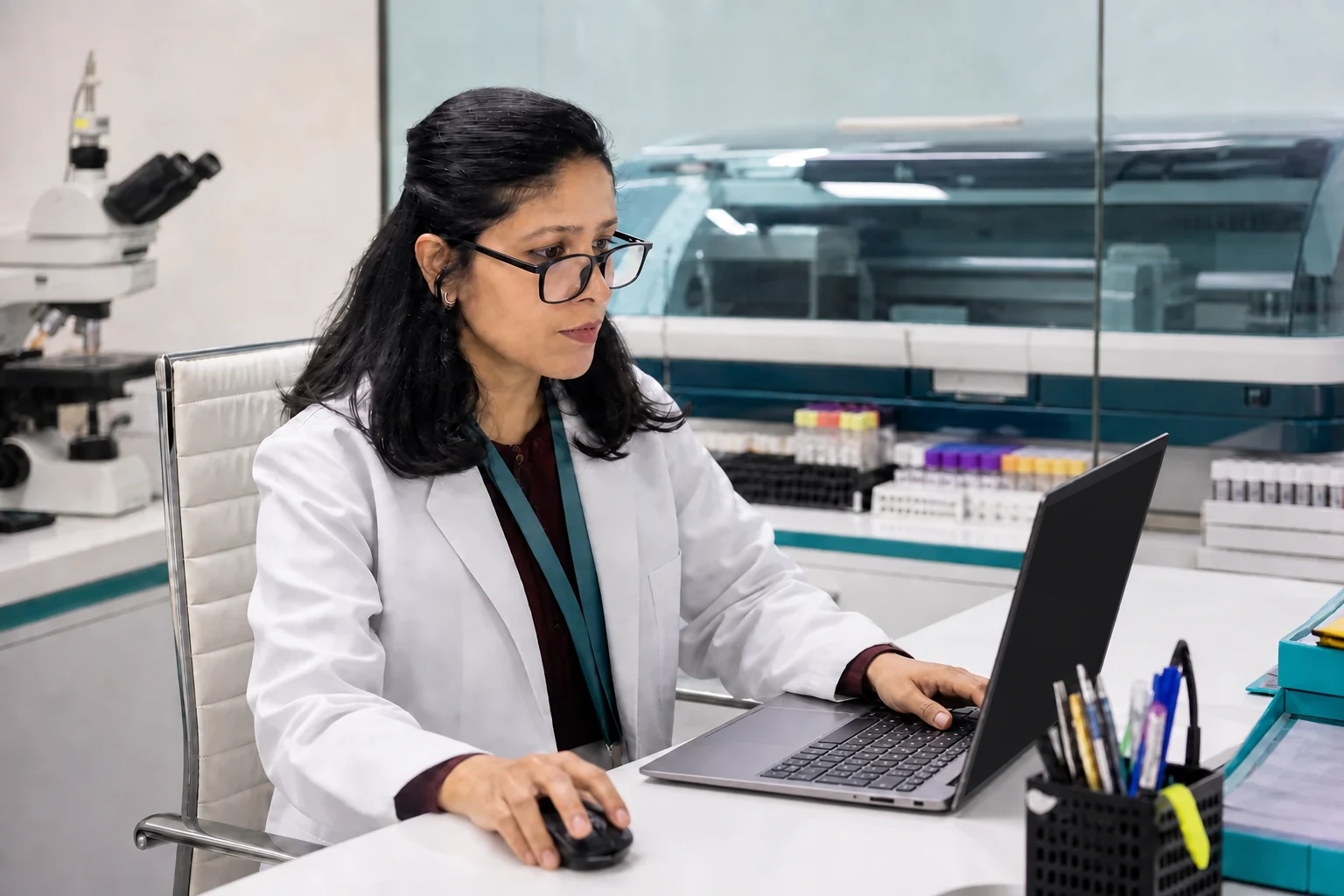 Pathologist reviewing and authorising laboratory results