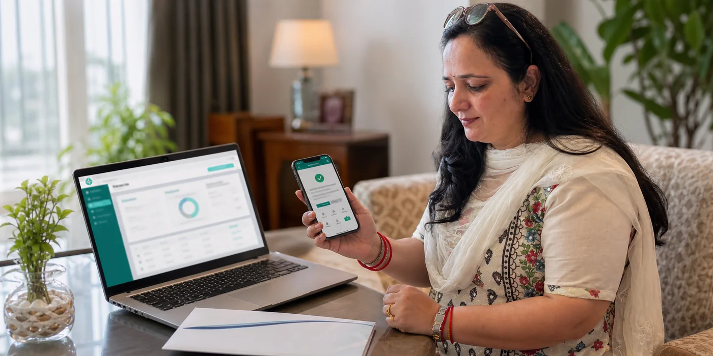 Patient accessing a laboratory report online with a physical copy ready for delivery