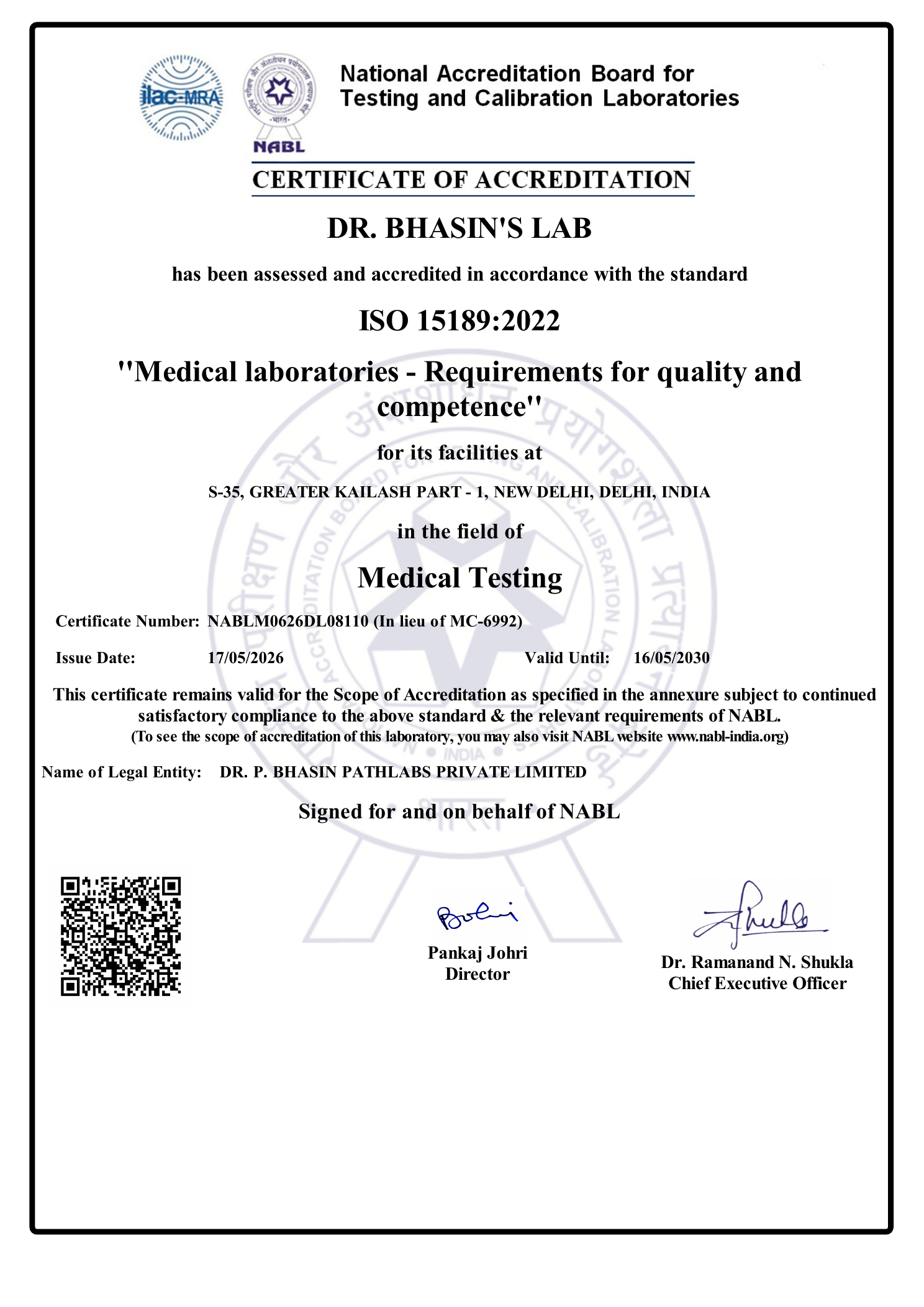 NABL certificate of accreditation for Dr. Bhasin's Lab