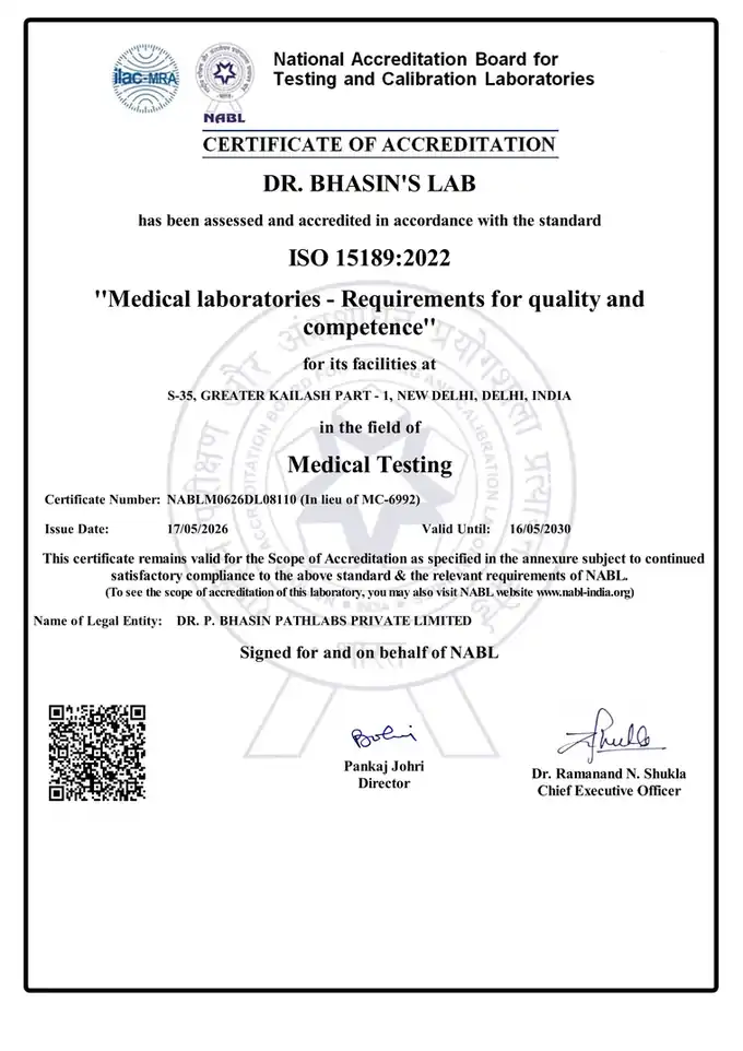 NABL certificate of accreditation for Dr. Bhasin's Lab