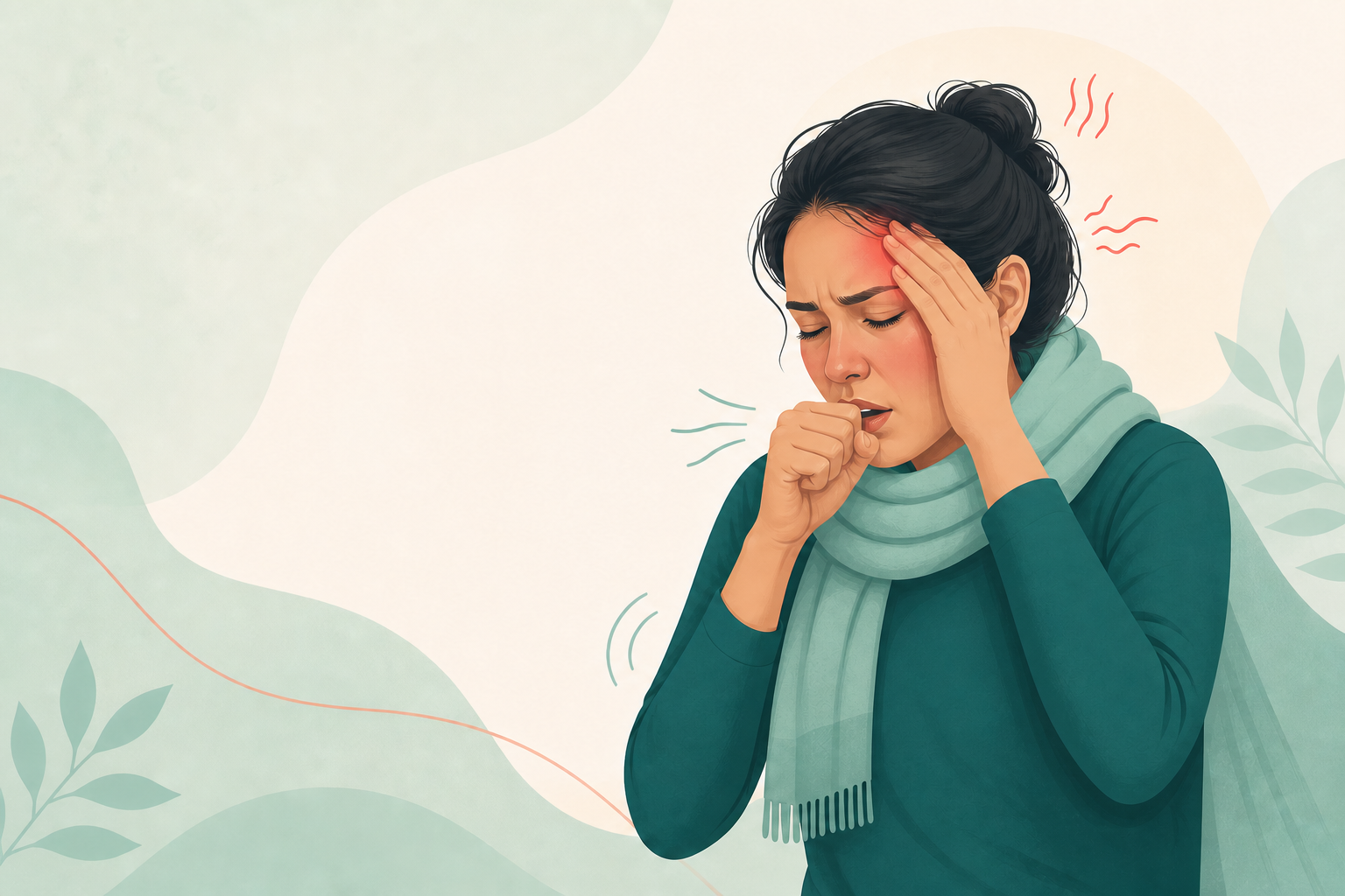 Illustration of a person experiencing cough, fever and headache